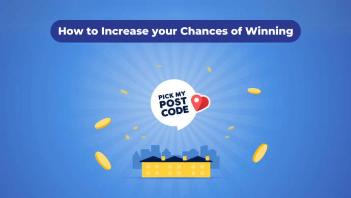 Pick My Postcode Logo, with coins and houses. How To Increase Your Chances of Winning written above.
